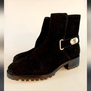 Talbots Black Suede Leather Ankle Booties with Gold Buckle.Very Good Condition